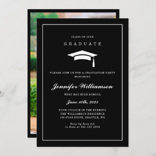 Classic Black & White Script Graduation Photo Invitation