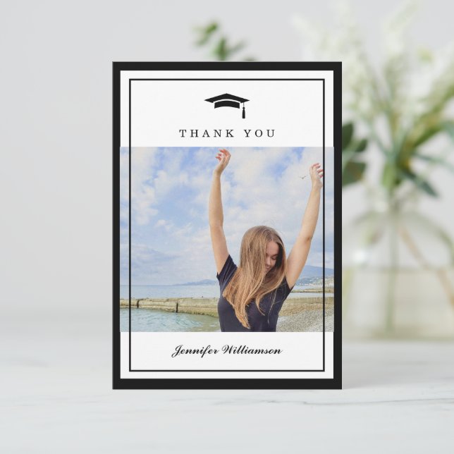 Classic Black & White Script Graduation Photo Thank You Card (Standing Front)
