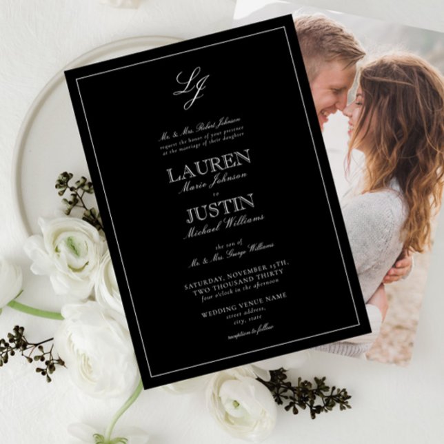 Classic Black White Script Monogram Photo Wedding Invitation (Creator Uploaded)