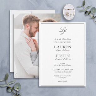 Classic Black White Script Monogram Photo Wedding Invitation