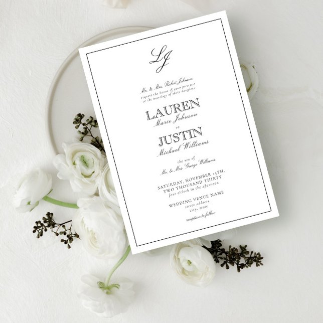 Classic Black & White Script Monogram Wedding Invitation (Creator Uploaded)