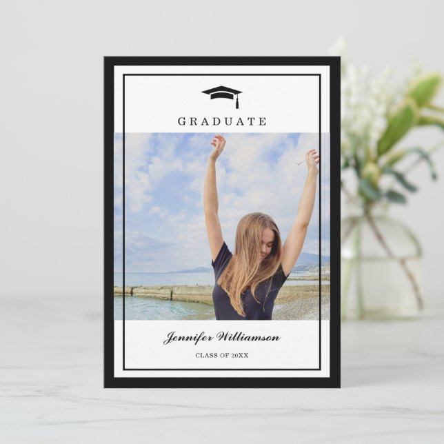 Classic Black & White Script Two Photo Graduation Announcement (Standing Front)
