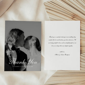 Classic Black & White Script Wedding Photo Thank You Card