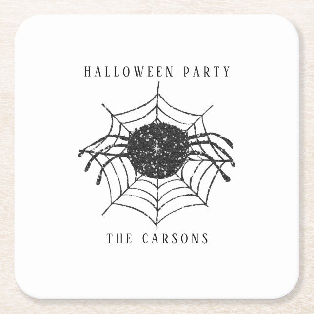 Classic Black White Spider Web Halloween Decor Square Paper Coaster (Front)