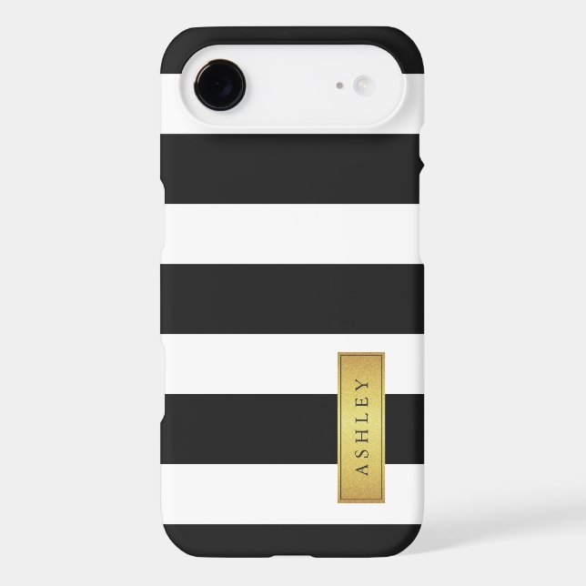 Classic Black White Stripe Pattern Gold Label Name Case-Mate iPhone Case (Back)