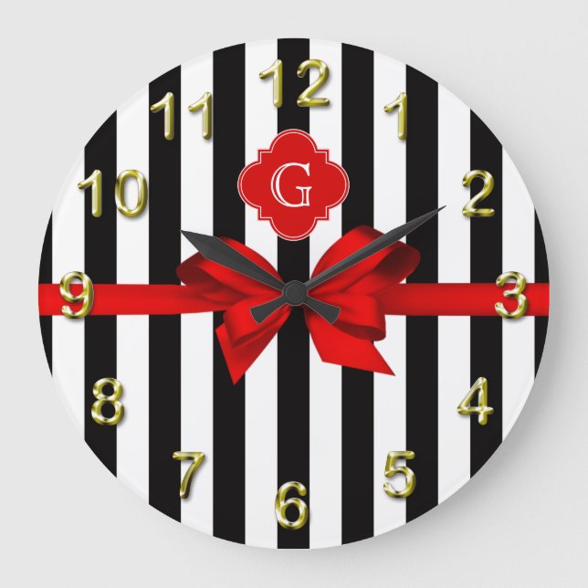 Classic Black White Stripe, Red Label, Bow Ribbon Large Clock (Front)