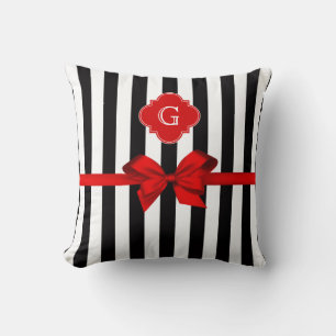 Classic Black White Stripe, Red Label, Bow Ribbon Throw Pillow