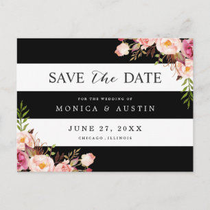 Classic Black White Stripes Floral Save the Date Announcement Postcard