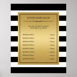 Classic Black White Stripes Gold Service Menu Poster