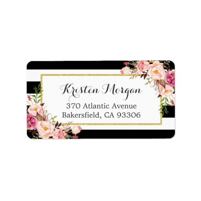 Classic Black White Stripes Pink Floral Decor Label (Front)