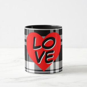 Classic Black White tartan plaid red heart detail Mug