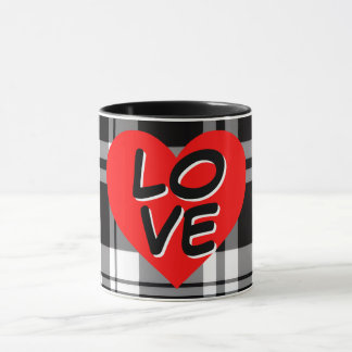 Classic Black White tartan plaid red heart detail Mug