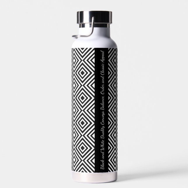 Classic Black White Tiles Pattern Tagline Water Bottle (Right)
