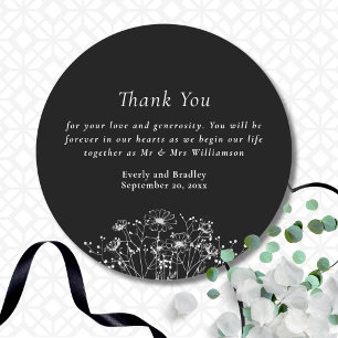 Classic Black White Wildflower Wedding Thank You   Round Sticker