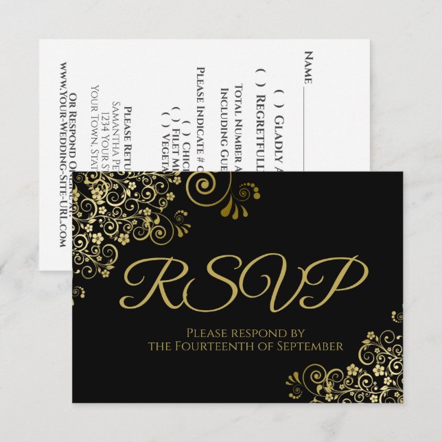 Classic Black with Elegant Gold Lace Wedding RSVP Card (Front/Back)