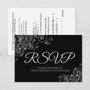 Classic Black with Elegant Silver Frills Wedding RSVP Card