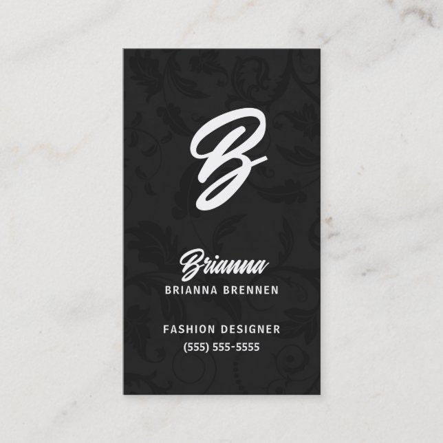 Classic Black with Silver Damask Monogrammed Business Card (Front)