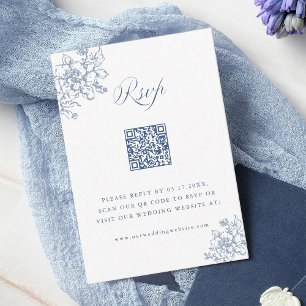 Classic Bloom Garden Dusty Blue Wedding QR Code RSVP Card