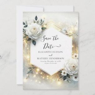 Classic Bloom White Roses Wedding Save The Date