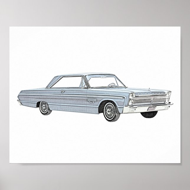 Classic Blue 1965 Plymouth Fury Pencil Drawing Poster (Front)
