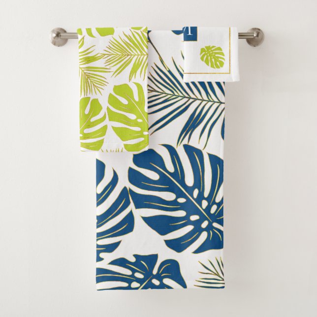 Classic blue and lime tropical leaves and monogram bath towel set (Insitu)