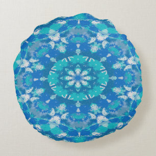 Classic Blue and Turquoise Snowflake Round Pillow