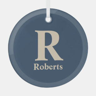 Classic Blue And Vanilla Initial/First/Family Name Glass Ornament