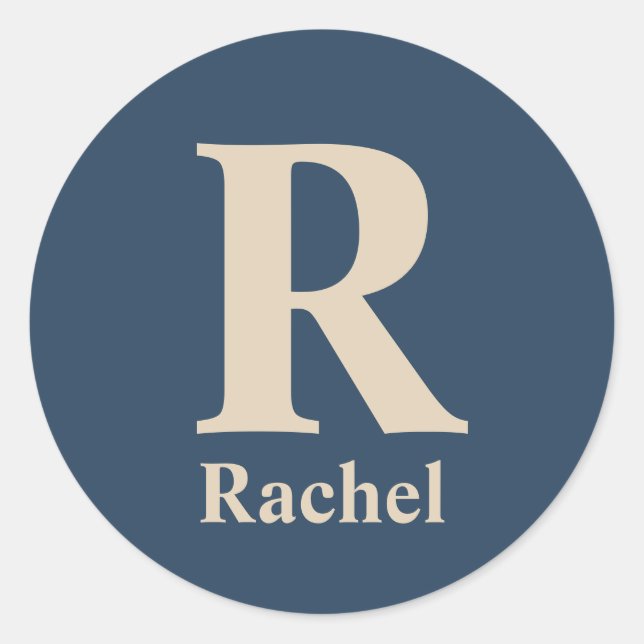 Classic Blue And Vanilla Initial/First/Family Name Round Sticker (Front)