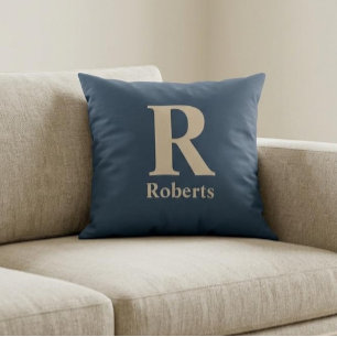 Classic Blue And Vanilla Initial/First/Family Name Throw Pillow