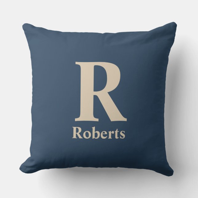 Classic Blue And Vanilla Initial/First/Family Name Throw Pillow (Front)