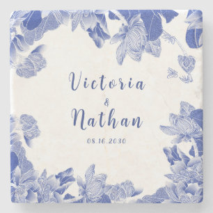 Classic Blue and White Chinoiserie Floral Wedding Stone Coaster