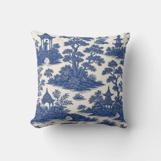 Classic Blue and White Chinoiserie Toile Pattern Throw Pillow