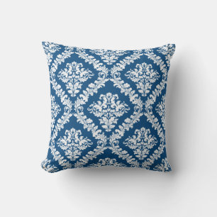 Classic blue and white damask pattern throw pillow