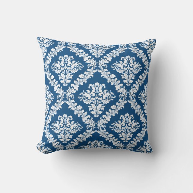 Classic blue and white damask pattern throw pillow (Front)