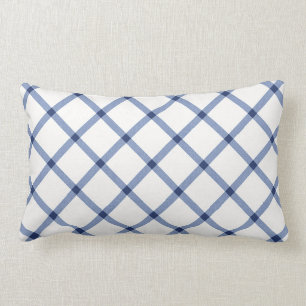 Classic Blue and White Diagonal Check Plaid Accent Lumbar Pillow