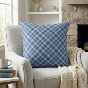 Classic Blue and White Diagonal Check Plaid Throw Pillow