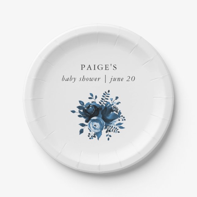 Classic Blue and White Floral Baby Shower Paper Plate (Front)