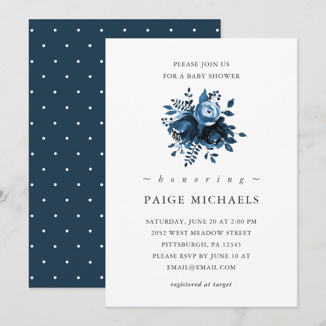 Classic Blue and White Floral with Dots Invitation (Front/Back)