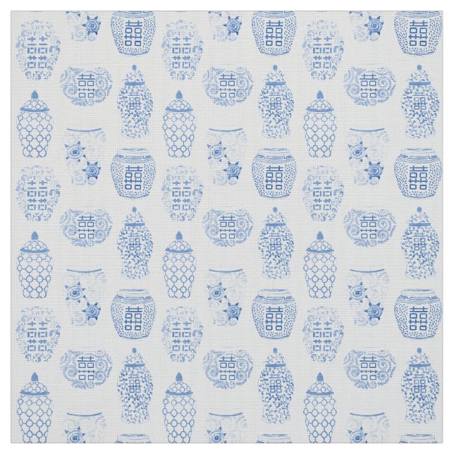 Classic Blue And White Ginger Jar Chinoiserie Fabric (Swatch)