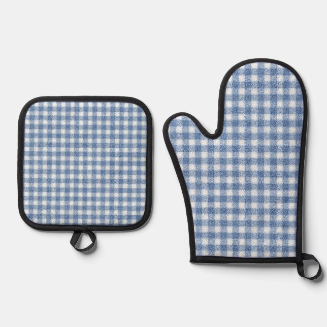 Classic Blue and White Gingham Check  Oven Mitt & Pot Holder Set (Front)