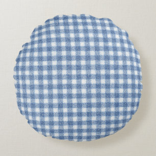 Classic Blue and White Gingham Check Round Pillow