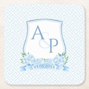 Classic Blue And White Hydrangea Wedding Crest Square Paper Coaster