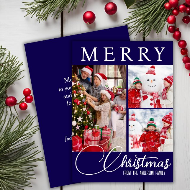 Classic Blue And White Merry Christmas Three Photo Holiday Card (Classic Blue And White Merry Christmas Three Photo Holiday Card)