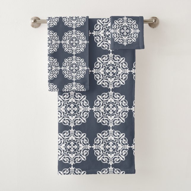 Classic Blue and White Modern Farmhouse Damask Bath Towel Set (Insitu)