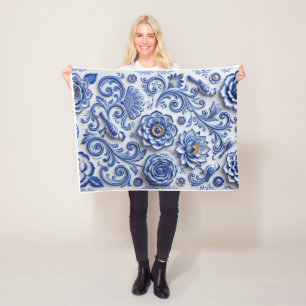 Classic Blue And White Porcelain Floral Art Fleece Blanket