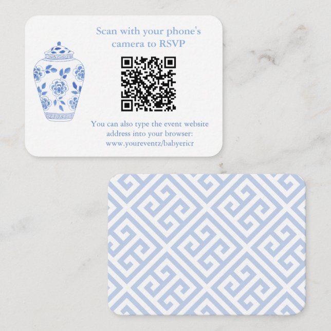 Classic Blue And White QR Code Bridal Shower RSVP Enclosure Card (Front/Back)