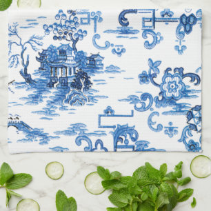 Classic Blue and White Vintage Pagoda Chinoiserie Kitchen Towel