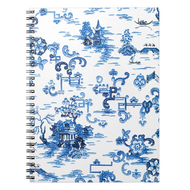 Classic Blue and White Vintage Pagoda Chinoiserie Notebook (Front)
