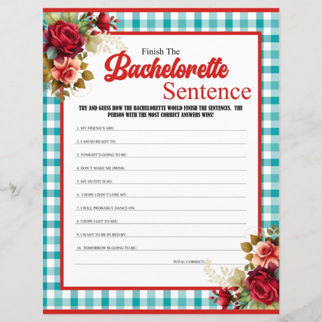 Classic Blue Bachelorette Finish the Sentence Game (Front)