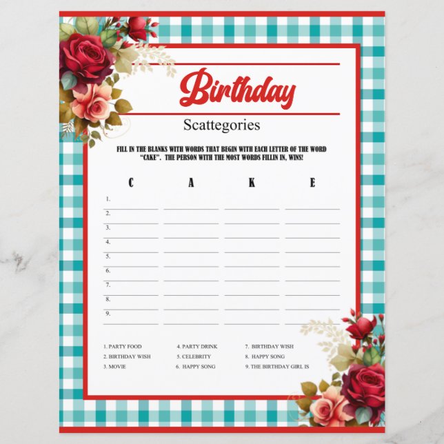Classic Blue Birthday Party Scattegories Game (Front)